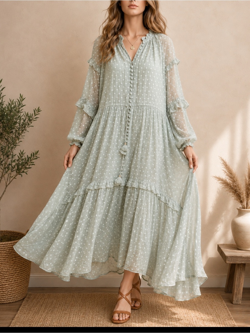 SCARLETT POPIESS Sage L flowing tiers of dotted chiffon Ruffle Trim
Boho Dress